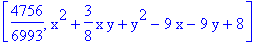 [4756/6993, x^2+3/8*x*y+y^2-9*x-9*y+8]